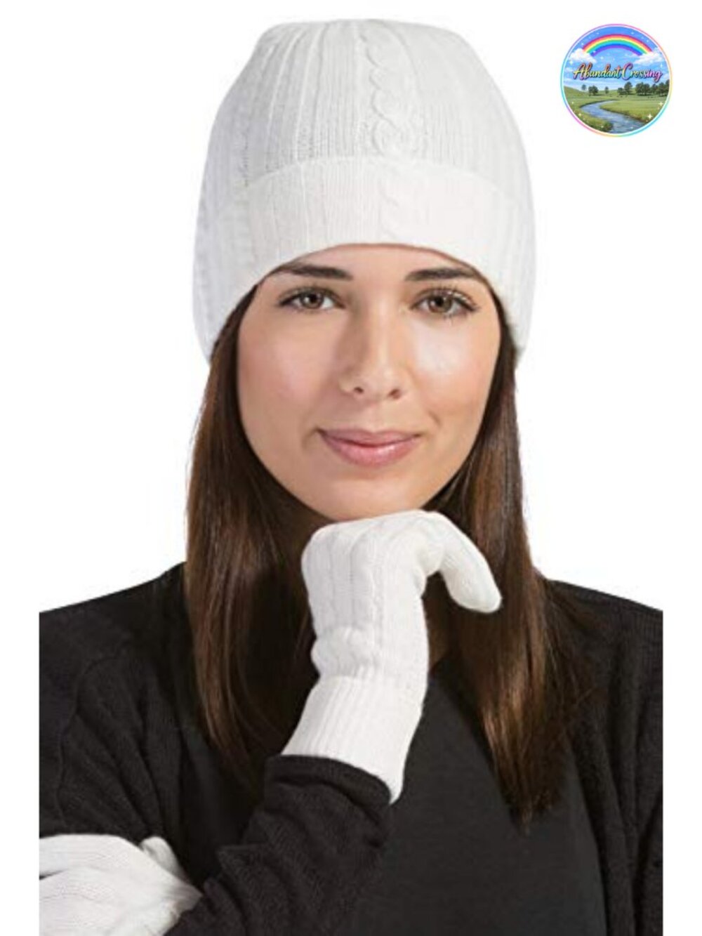 100% Cashmere Women's Hat & Glove Set, Cable Knit Beanie & Gloves, One Size